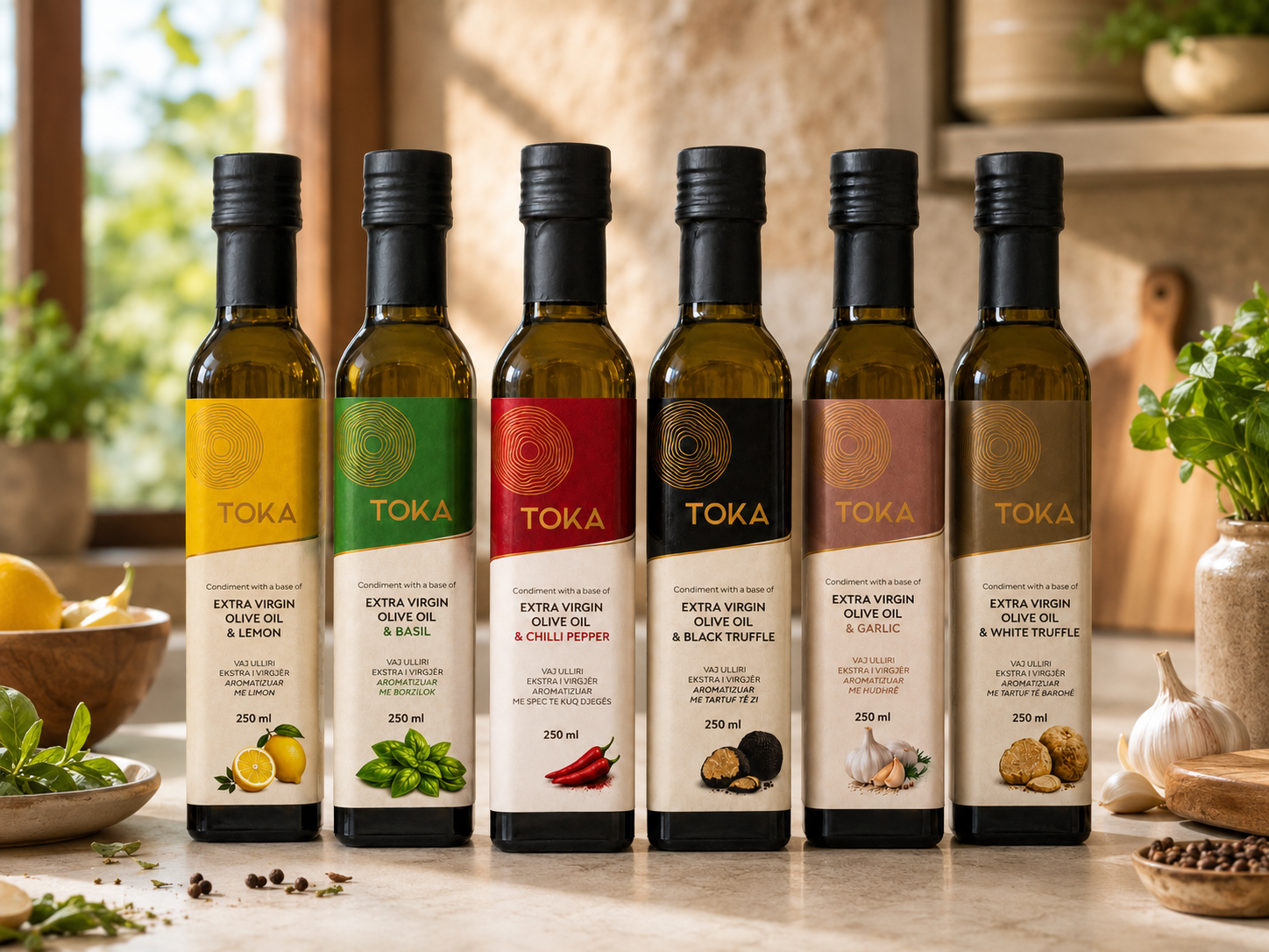 TOKA flavored extra virgin olive oil bottles