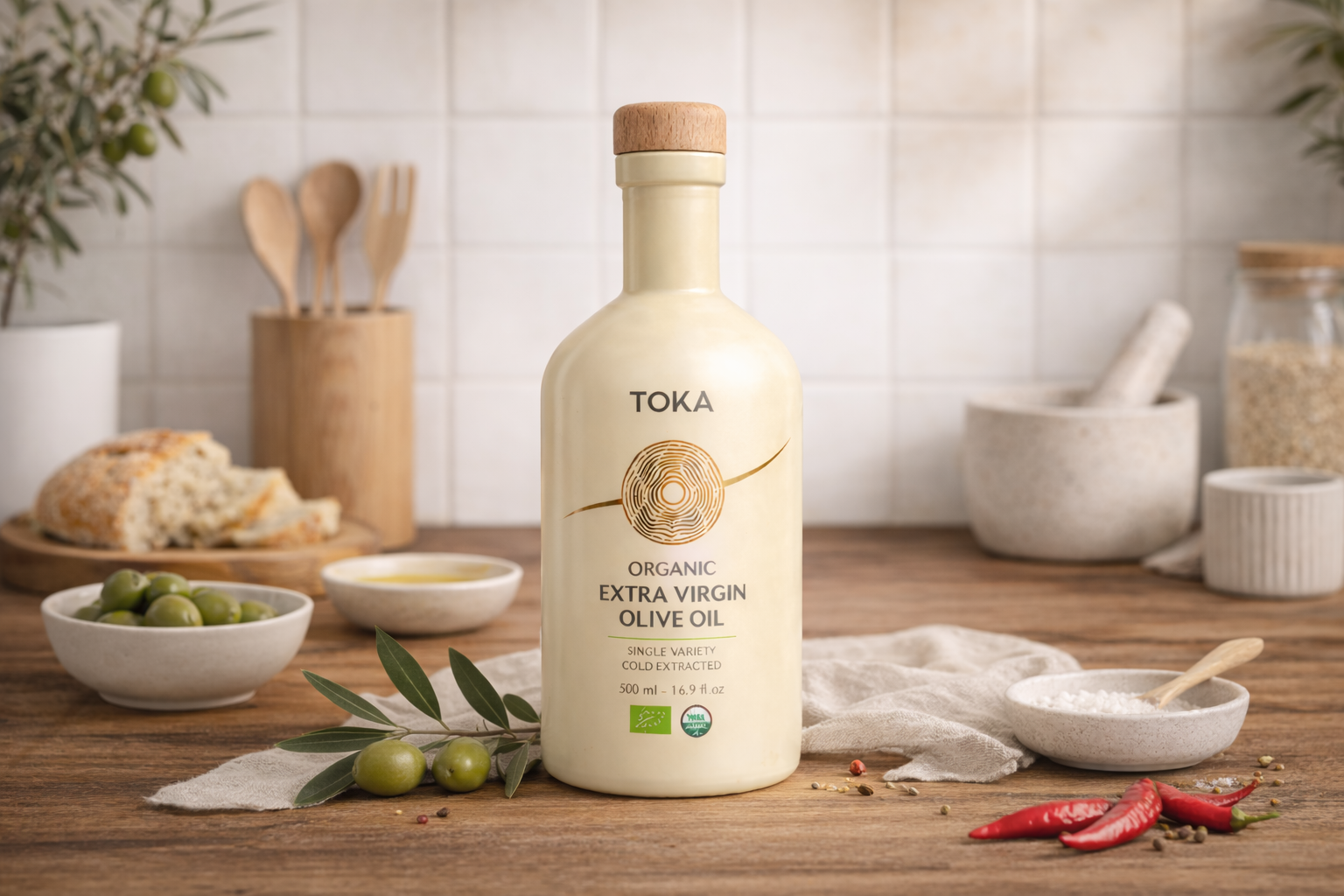 Organic extra virgin olive oil in the kitchen